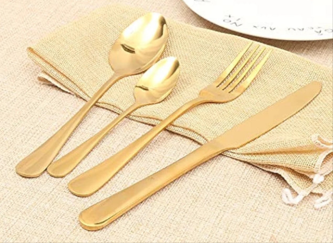 24pcs Stainless Steel Flatware Tableware Premier Quality Gold Colored Cutlery Set in attractive GoldenGift box (Golden)