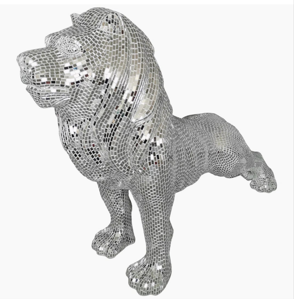 Silver Mirrored Lion Statue With mirrored Diamond Exterior