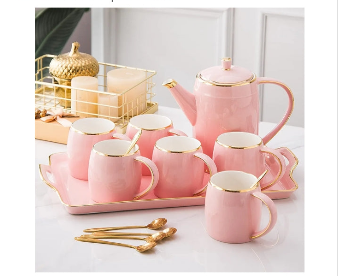 Tea Set, Porcelain Tea Set Coffee Cups Teapots Ceramics Teaset Coffee Tea Sets, 1150Ml Coffee Pot, Pink Tea Service of 6 Cups for 300Ml
