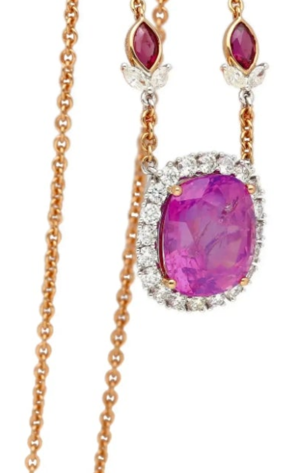 AGL Certified 10.26 Carat Cushion Cut Pink Sapphire, Ruby, & Diamond Necklace