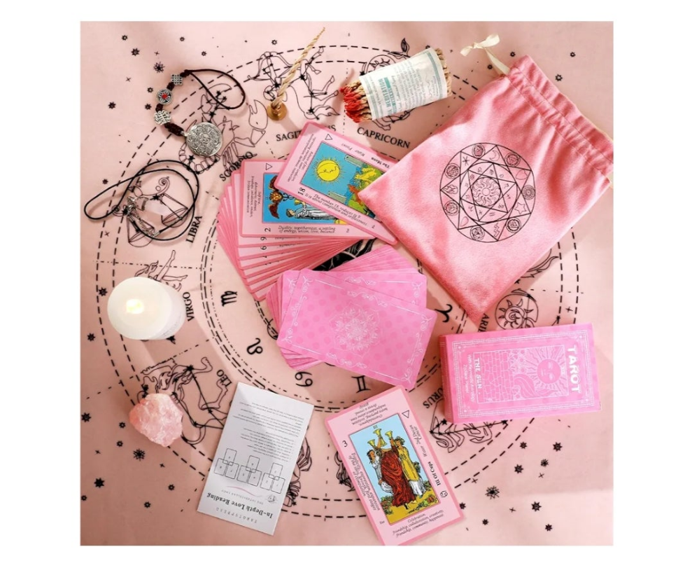 Tarot Cards Set with Meanings on Them-Beginner Tarot Deck Set-Tarot Spread Cloth,Velvet Pouches-Tarot Cards for Beginners Crystal-Rope Satya Incense