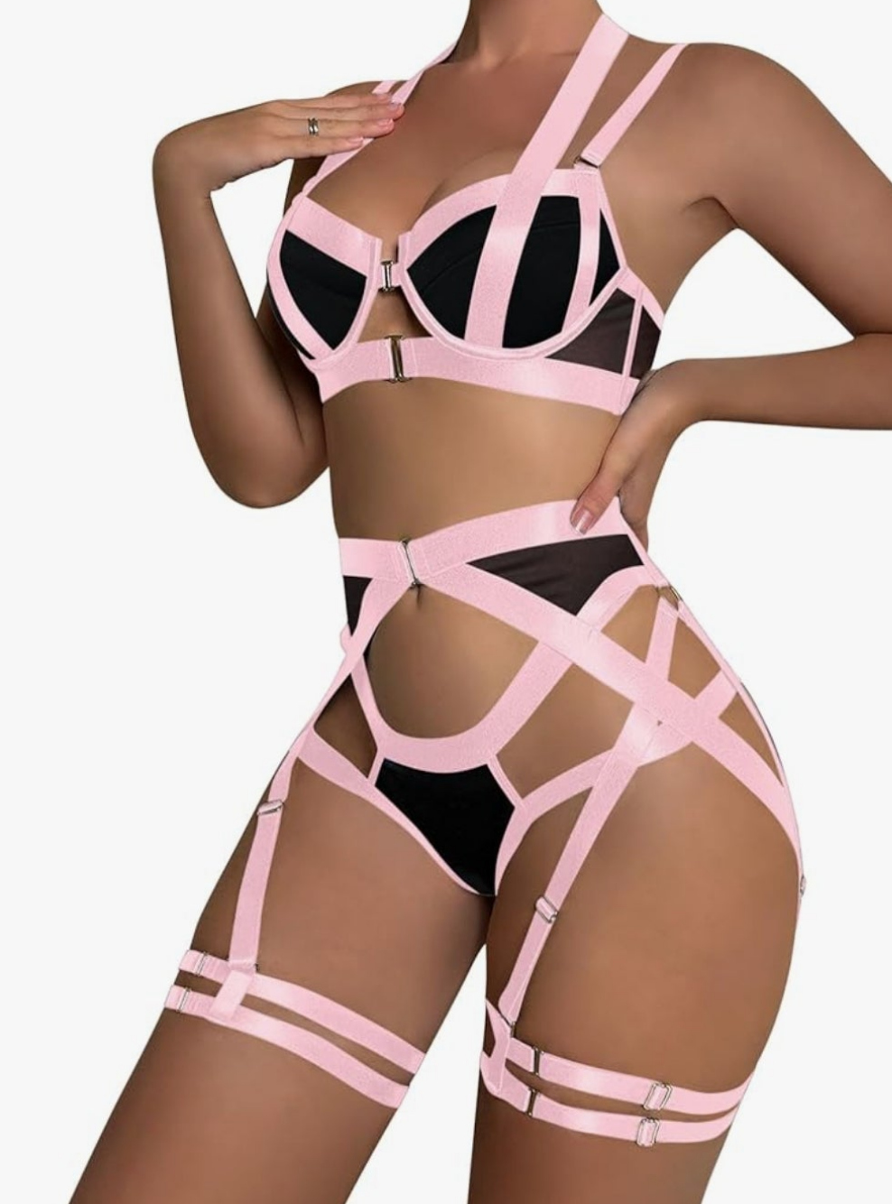 Sexy Strappy Underwire Push Up Garter Belt Women Lingerie Set Harness Cutout Outfits Matching Bra Panty 3 Piece Cocomoney