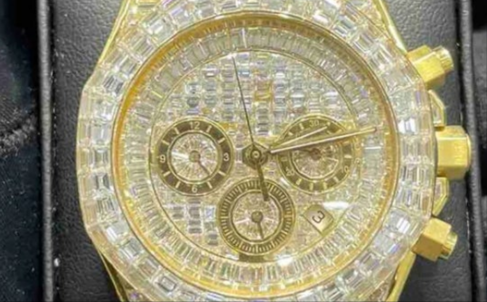 CHANDELIER ICED OUT "AP" 18K SOLID GOLD WATCH | VVS1 80 CTS T.W.
