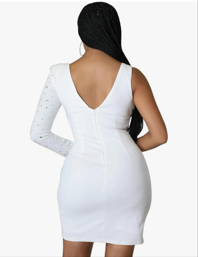 COCOMONEY Sexy Asymmetric Sleeve Deep V Neck Rhinestone