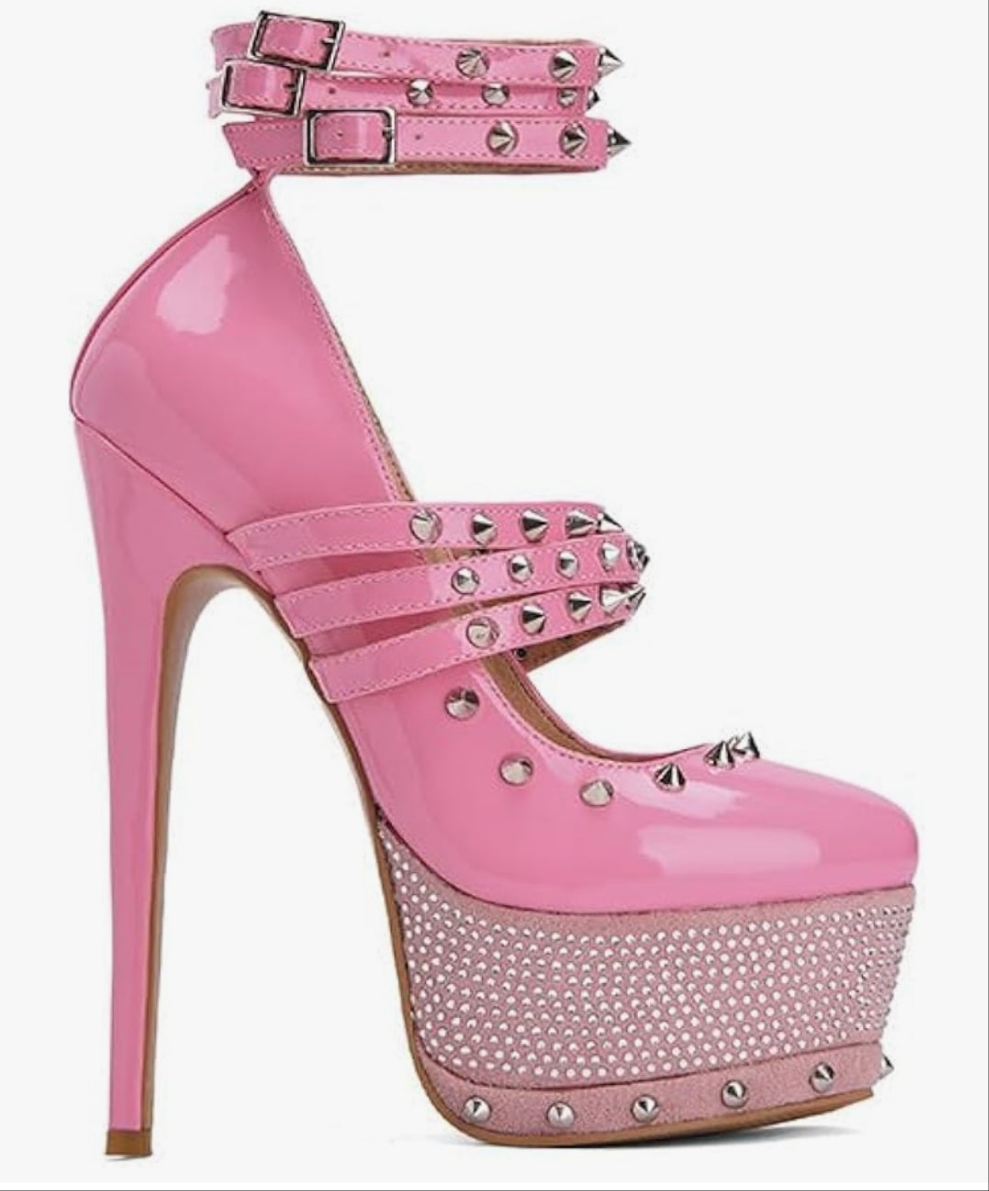 Close Toe Stiletto Platform Mary Jane Pumps for Women Triple Buckle up Rivet Studded Strappy Party Shoes