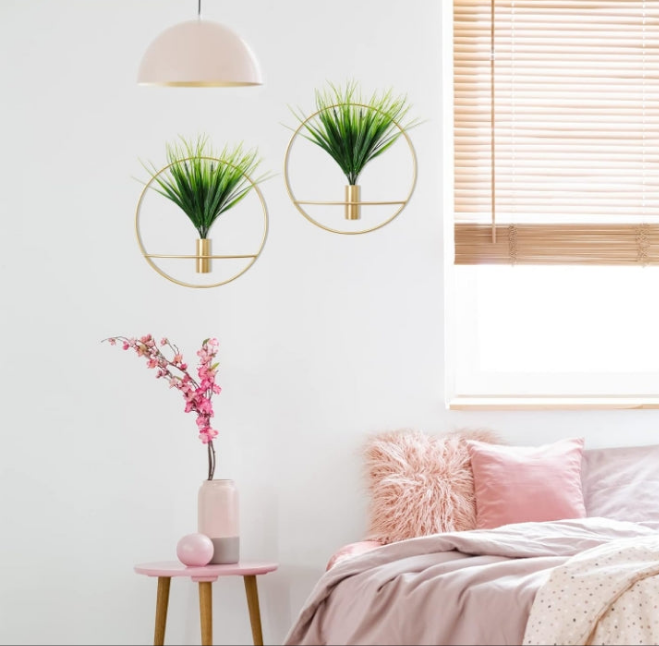Set of 2 Artificial Plants with Gold Metal Round Hanging Hoop for Wall Decor, Wall-Mounted Green Fake Plants in Metal Hoop for Modern Home Decor, Gold Wall Decor for Bedroom, Living Room