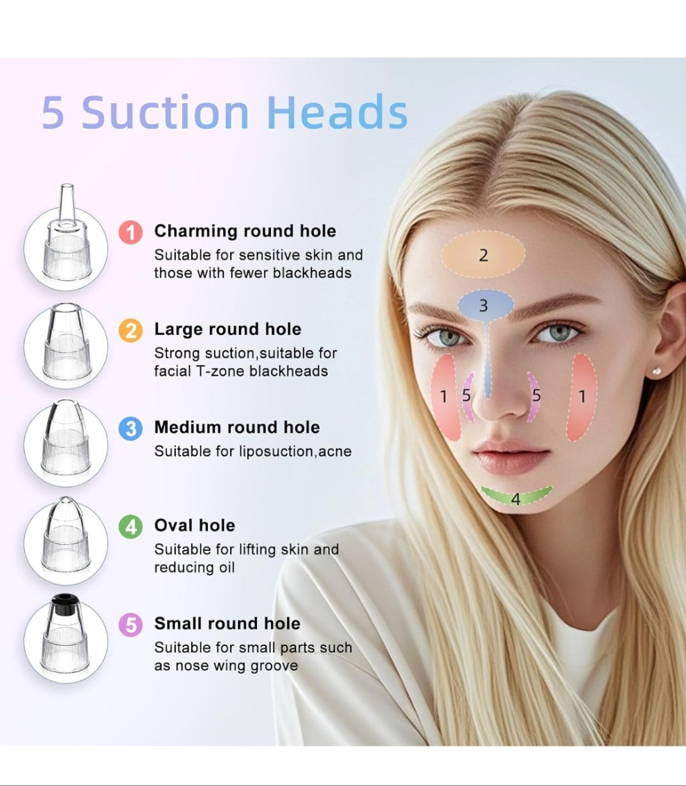 Blackhead Remover Vacuum Facial Pore Cleaner Electric Comedone Whitehead Extractor 5 Suction Probes and 5 Suction Levels Rechargeable Black Heads Remover Tools for Women & Men Facial Skin Care