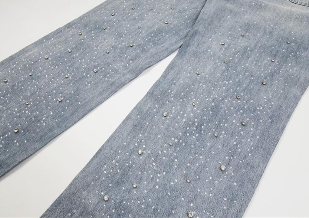 Hip Hop Rhinestone Jeans Men Women Baggy Straight Vintage Blue Denim Pants Streetwear Jeans Trousers