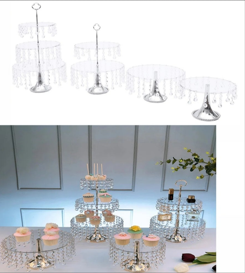 4 Piece Crystal Metal Cake with Beads Cake Stand Set