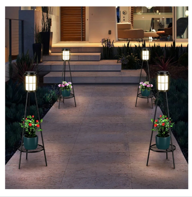 2 Pack Solar Lights Outdoor with Plant Stands, Solar Floor Lamp, Solar Powered Street Lights Metal Tripod Deck Lights, Patio Decor for Garden Yard Pathway Driveway Porch