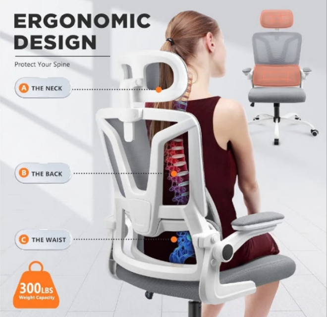 Office Chair with Lumbar Support Pillow, Ergonomic Chair with Headrest & Flip-up Arms, Mesh Office Chair Rocking Function, High Back Home Office Desk Chairs