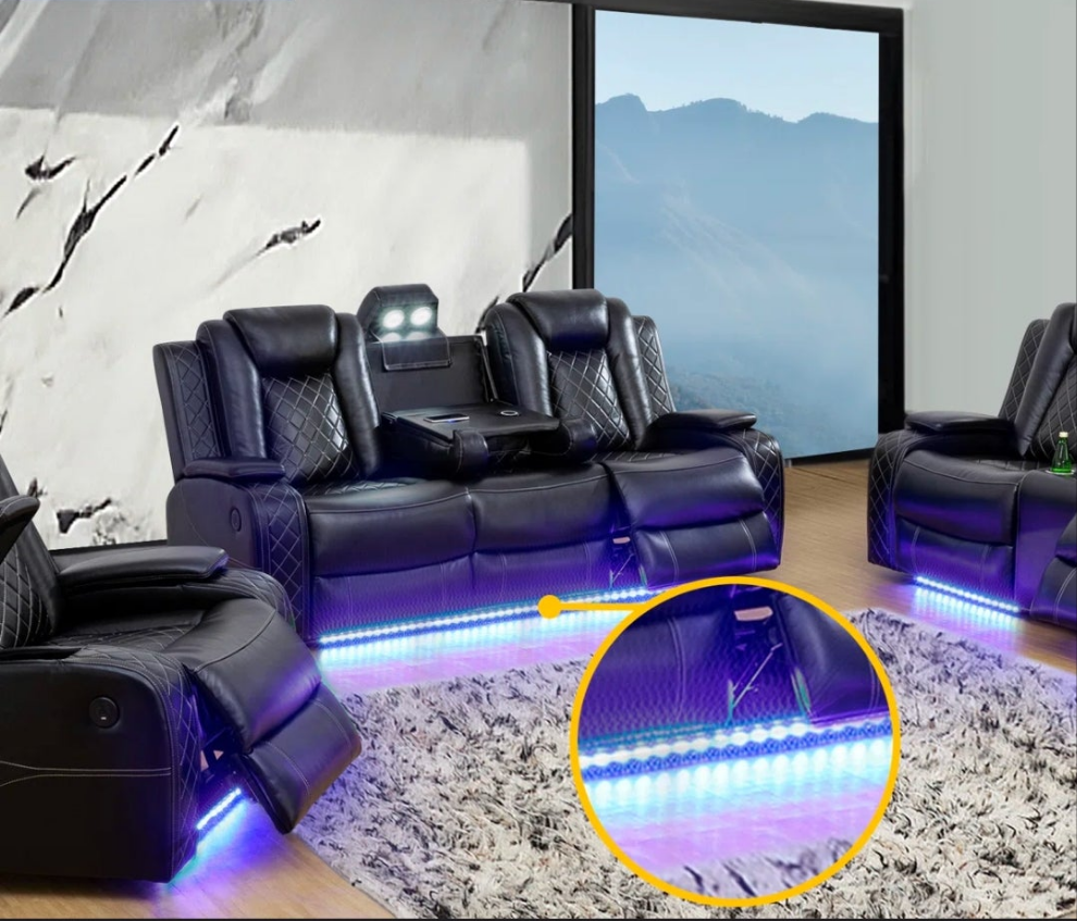 3 Piece Power Reclining Faux Leather with LED Light Living Room Set Movie room Living Room Ding Room Game Room