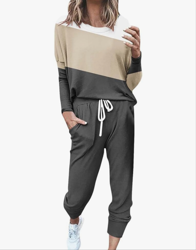 Two Piece Fall Outfits for Women 2024 Long Sleeve Striped/Color Block Tops and Pants Lounge Sets Tracksuit with Pocket