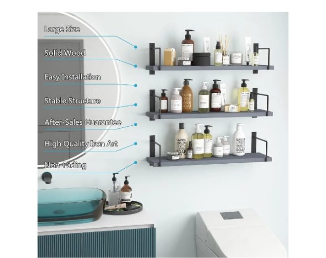 Floating Shelves, 24 Inches Easy to Install Wall Mounted Shelves, Wall Shelves Set of 3, Rustic Wood Shelves for Wall Décor, Storage Shelves for Living Room