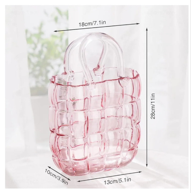 Glass Purse Vase Glass Bag Vase with Handle Handbag Shape Vase for Flowers Farmhouse Decor Handmade Wide Mouth Glass Vase for Office Home Living Room Dining Table Decor