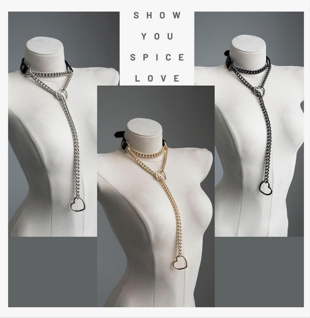 Heart Choker Collar For Women, Punk Gothic O-ring Slip Chain Necklace with Adjustable Vegan Leather Buckle