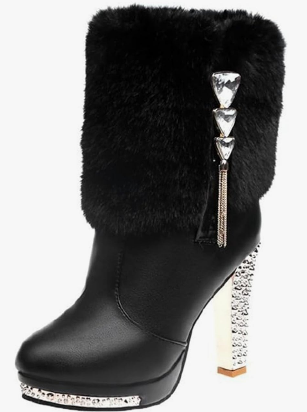 Plush Ankle Boots,Fashion Rhinestones Deco Side Zipper Non-slip Warm Closure Chunky High Heel Snow Boots