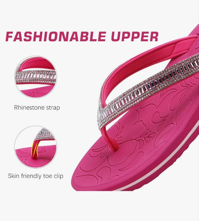 Women's Flip Flops with Rhinestone, Arch Support Yoga Mat Comfort Walking Summer Beach Thong Sandals with Plantar Fasciitis Rubber Soles US Size 5-11