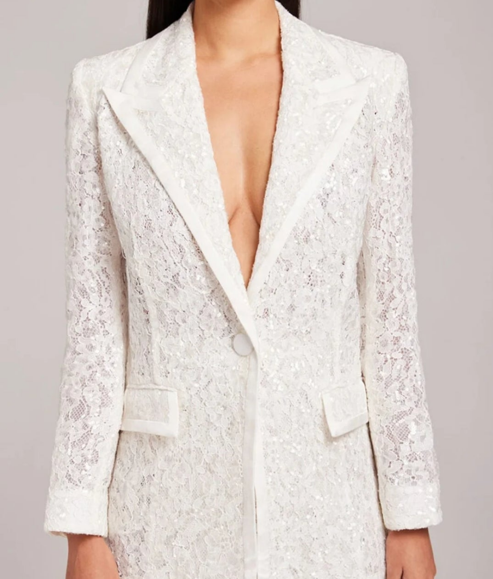 Lace Embroidered Hollow Out Sequin Two Piece Pant Set-White COCOMONEY