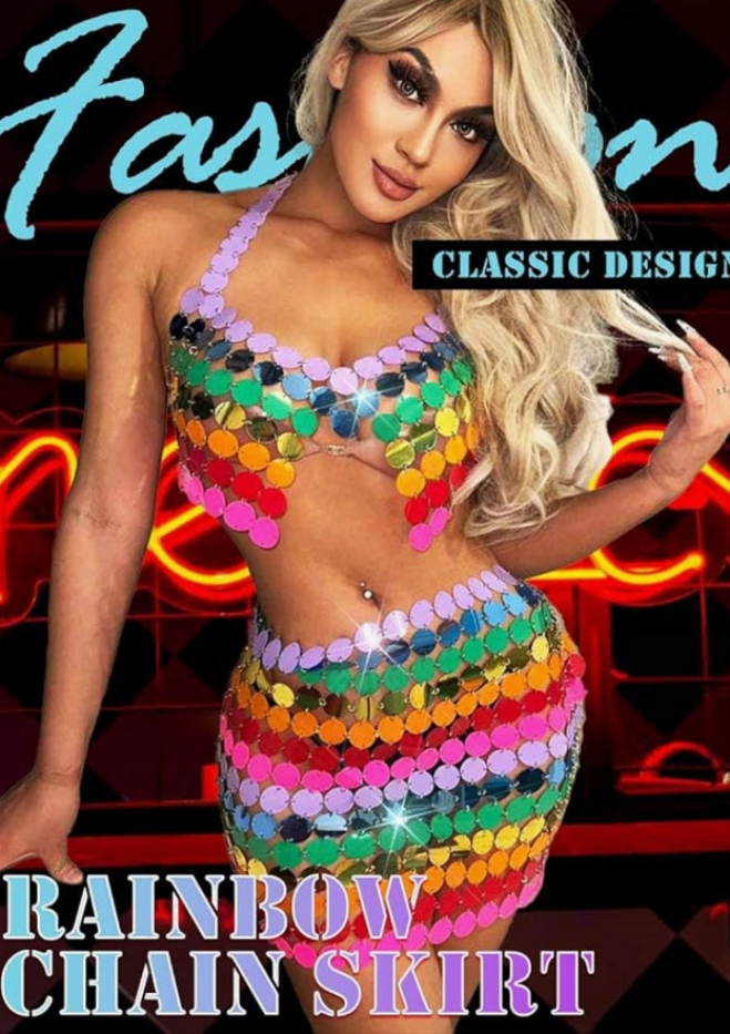 Rainbow Chain Skirt and Top Set Mirror Sequin Body Chain Bra Sparkly Blackless Crop Top Short Skirt for Rave Party Club
