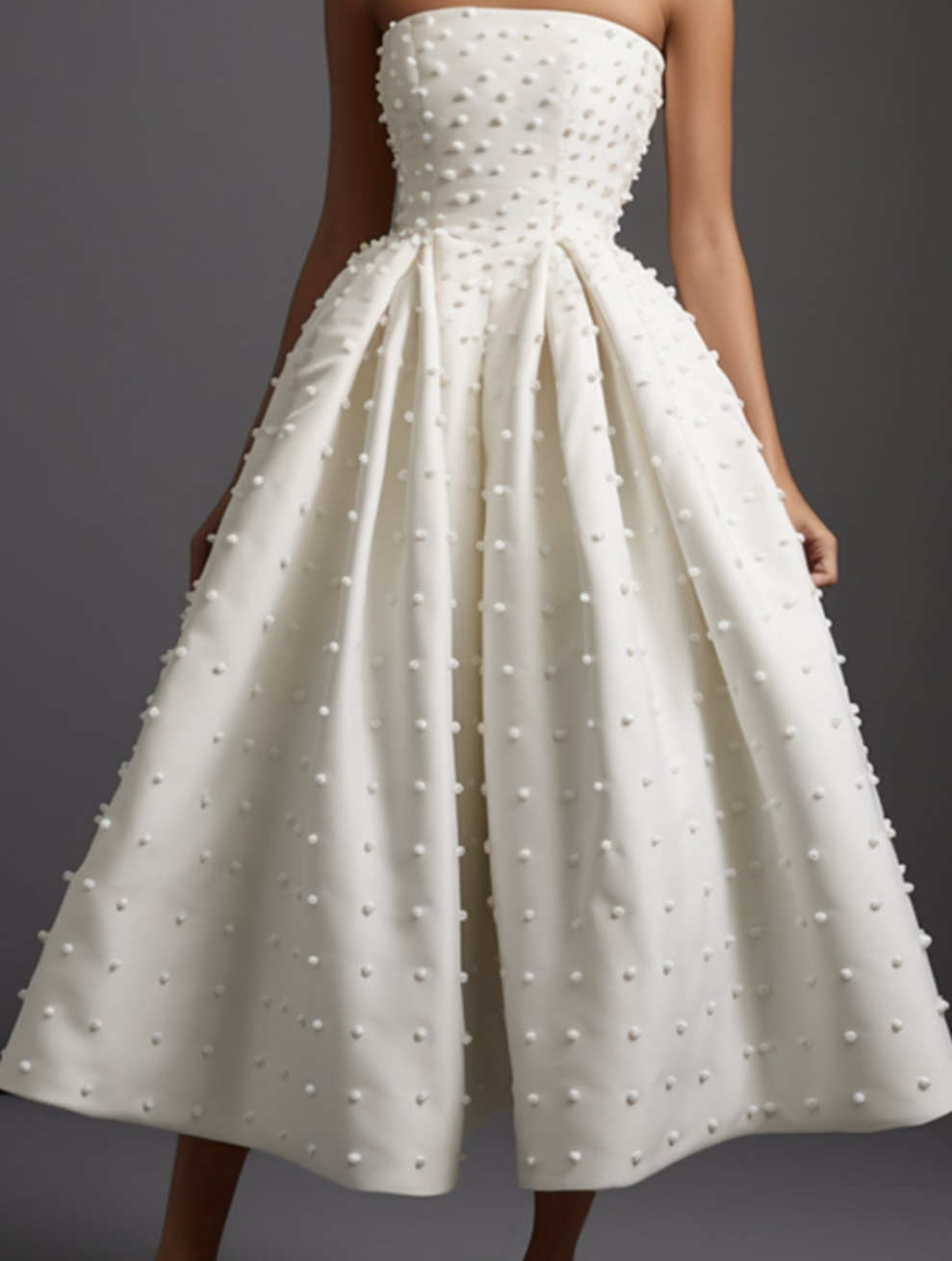 Wedding Strapless Bubble Beaded Tunic Midi Dress-White