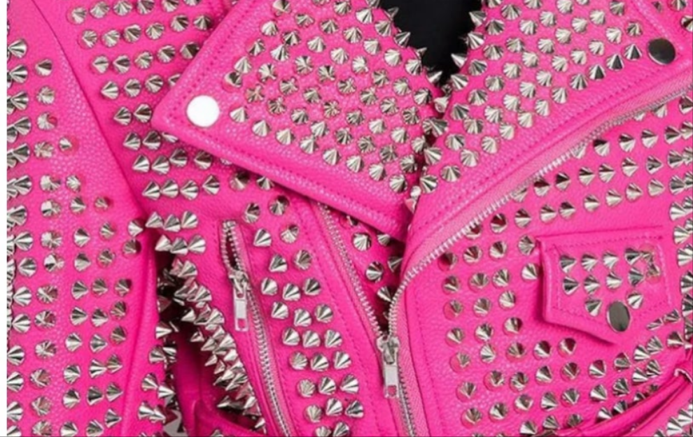 Women's Hot Pink Studded Leather Moto Jacket COCOMONEY