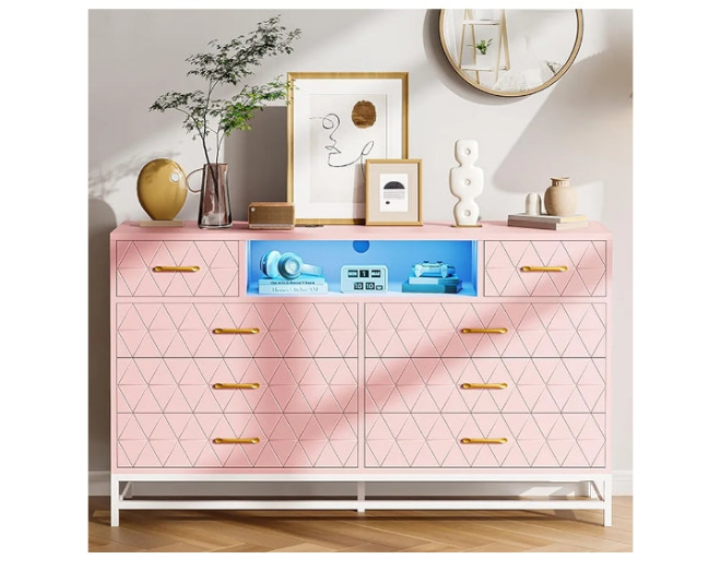 Dresser for Bedroom, 8 Drawer Dresser with Power Outlet, 55" Tv Stand Large Dresser Wooden with Led Light, Modern Dresser with Deep Drawers, Long Wide Chest of Drawers Storage Dresser