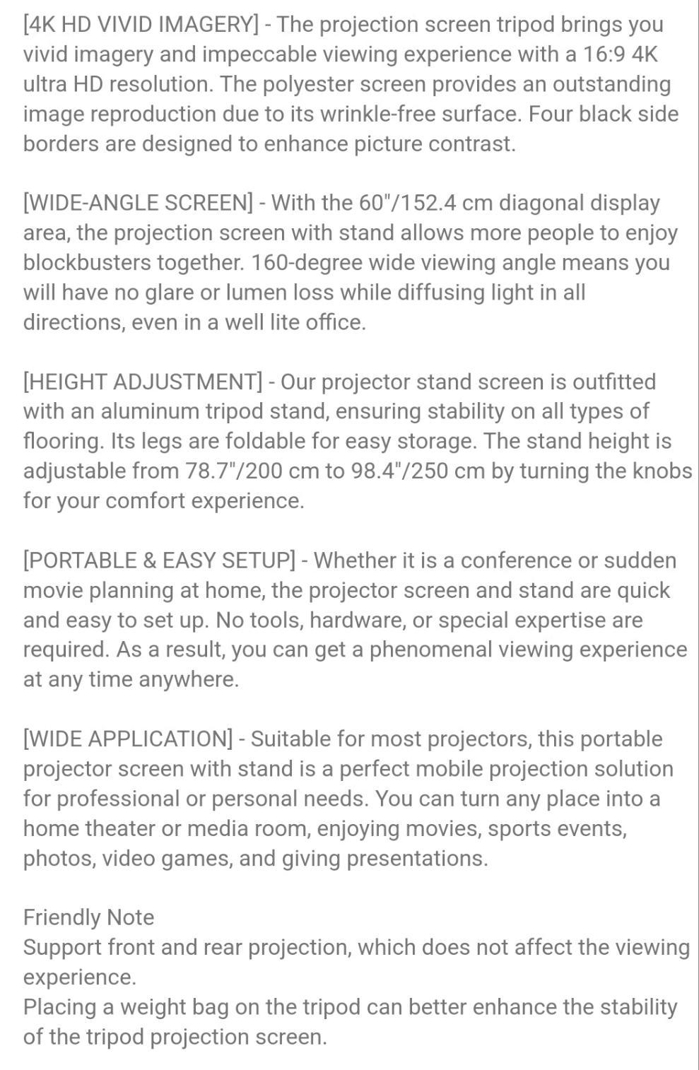 Tripod Projector Screen With Stand 60 Inch 16:9 4K HD Projection Screen Stand Wrinkle-Free Height Adjustable Portable Screen For Projector Indoor & Outdoor For Movie, Home Cinema, Gaming, Office