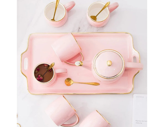Tea Set, Porcelain Tea Set Coffee Cups Teapots Ceramics Teaset Coffee Tea Sets, 1150Ml Coffee Pot, Pink Tea Service of 6 Cups for 300Ml