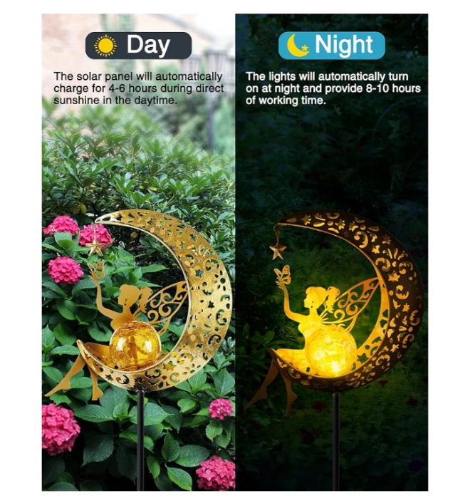 Solar Garden Statues Outdoor Decor, Fairy Moon Figurine Light Stake, Housewarming Ornament for Patio, Lawn, Yard, Pathway - Unique Gift Ideas for Gardening