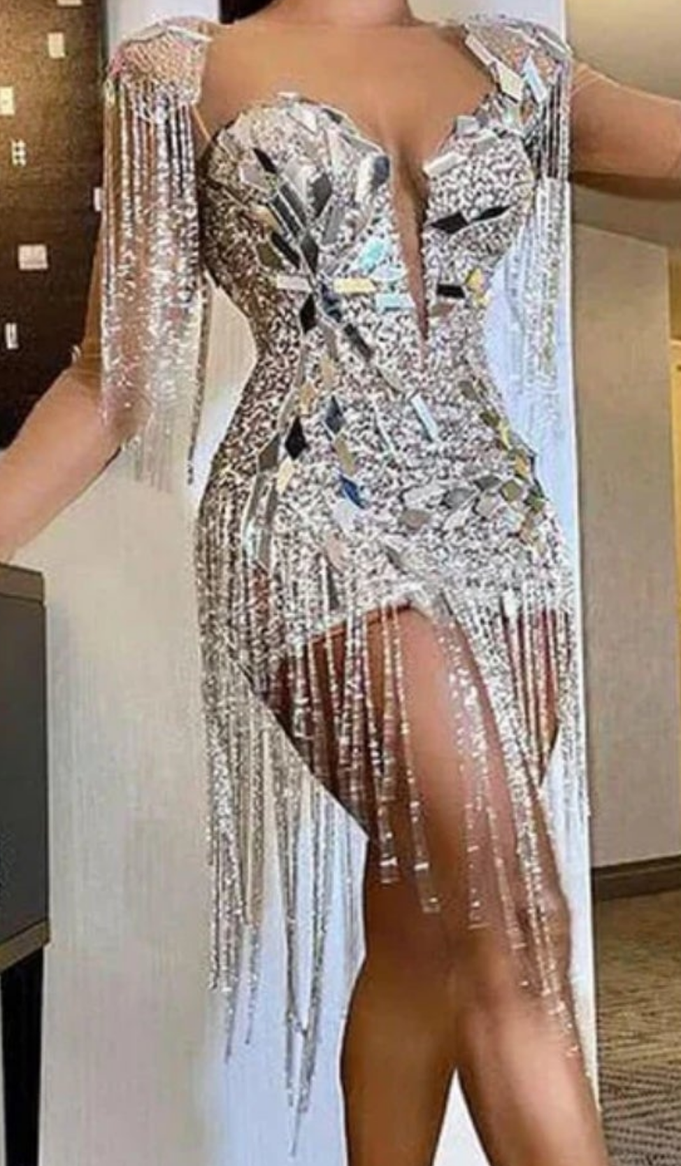 Sparkly Rhinestone Fringe Epaulet Sheer Mesh Sequin Party Mini Dress - Silver COCOMONEY
