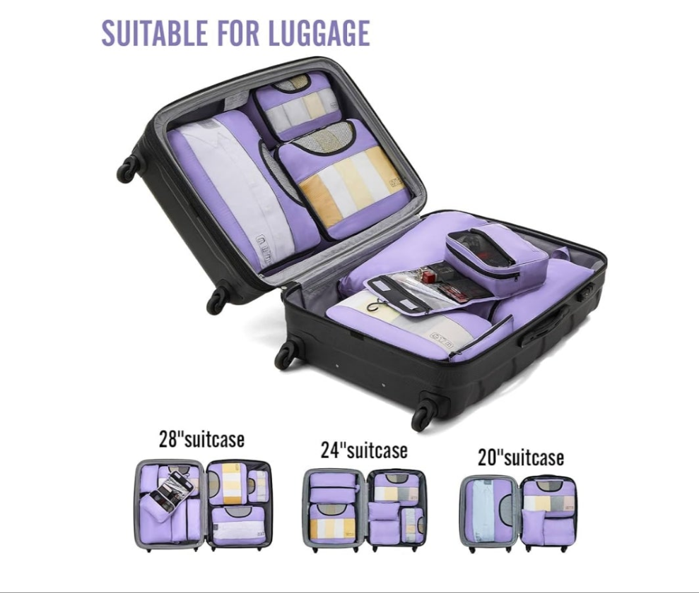 8 pc Set Packing Cubes for Travel Essentials, Suitcase Organizer Bags Set for Luggage, Road Trip Travel Accessories in 4 Sizes (Extra Large, Large, Medium, Small), Purple