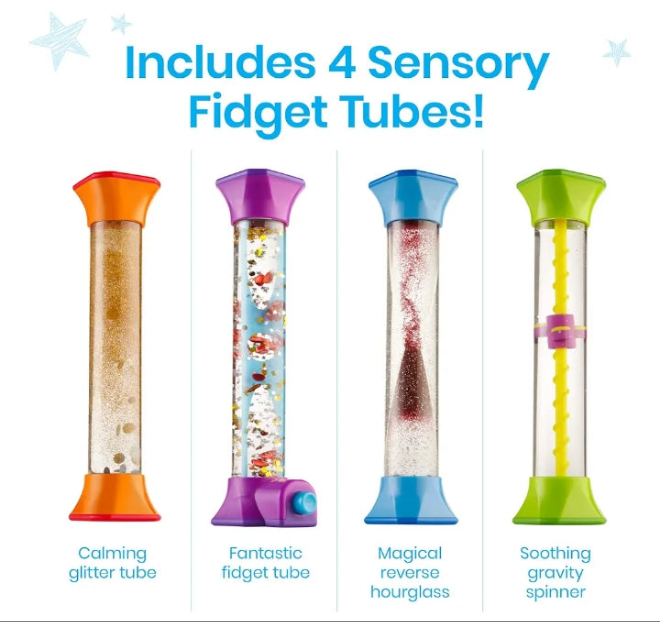 Hand 2 mind Sensory Fidget Tubes, Calming Toys for Kids, Occupational Therapy Toys, Play Therapy, Stress Relief Toy, Comfort Items for Anxiety, Calm Down Corner Supplies (Set of 4)
