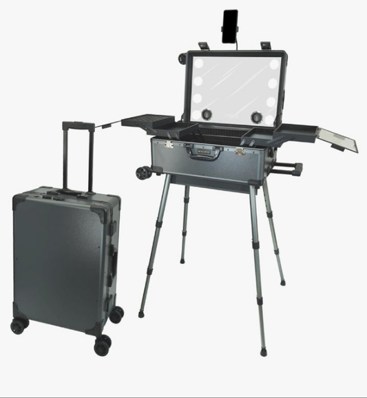 Rolling Makeup Train Case with Mirror and Lights Cosmetic Travel Box Mobile Barber Stations with Bluetooth, Speaker, Wheels, Stands