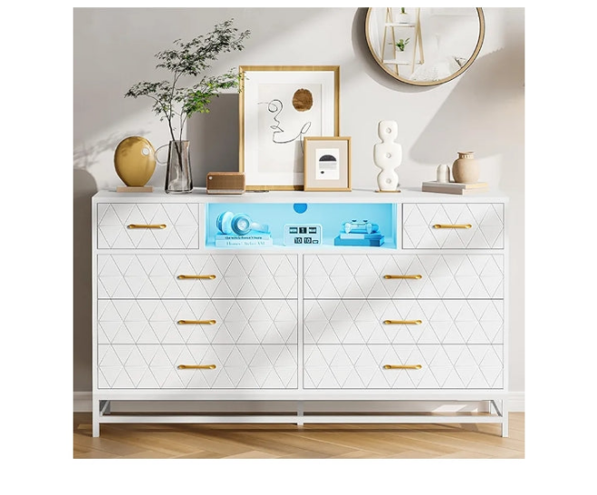 Dresser for Bedroom, 8 Drawer Dresser with Power Outlet, 55" Tv Stand Large Dresser Wooden with Led Light, Modern Dresser with Deep Drawers, Long Wide Chest of Drawers Storage Dresser