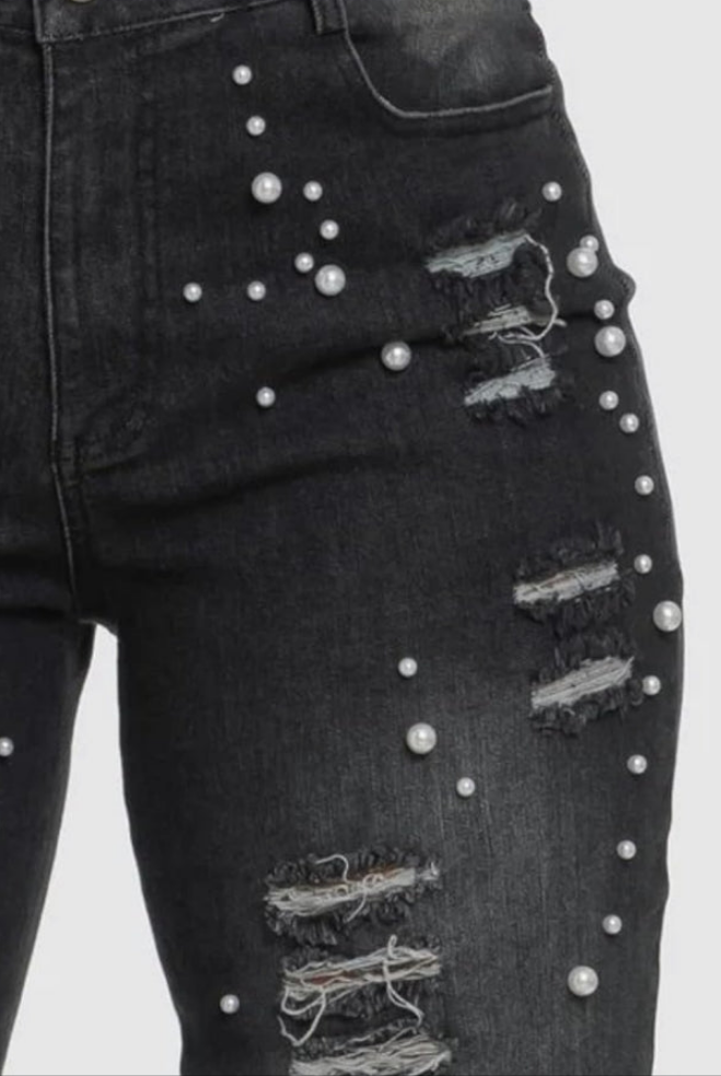 Pearl Feather Jeans Stretch Straight Leg Distressed Denim Pants