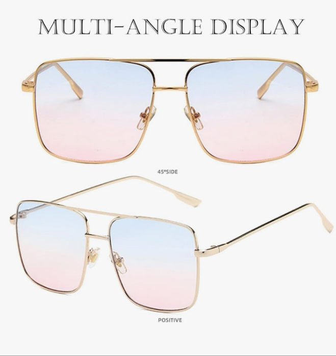 Trendy Oversized Square Sunglasses for Women Men Double Bridge Metal Frame Flat Mirrored Lens