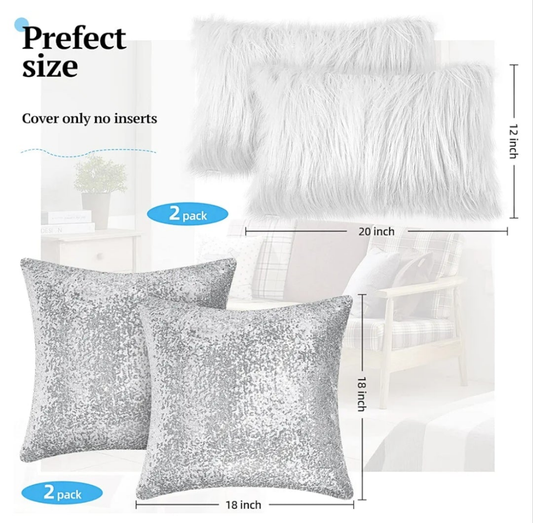 4 Pcs Sequin and Fluffy Pillow Covers Winter Faux Fur Throw Pillow Cases Glitter Bling Soft Fuzzy Cushion Cover for Couch Bed Sofa Xmas Day(18 x 18 Inch, 12 x 20 Inch,Silver