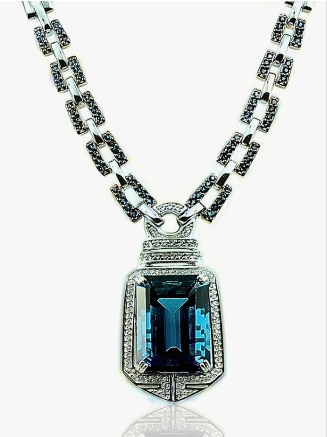 Sterling Silver 925 STATEMENT Pendant Necklace GENUINE GEMSTONE 24 mm with RHODIUM-PLATED Finish (london-blue-topaz)
