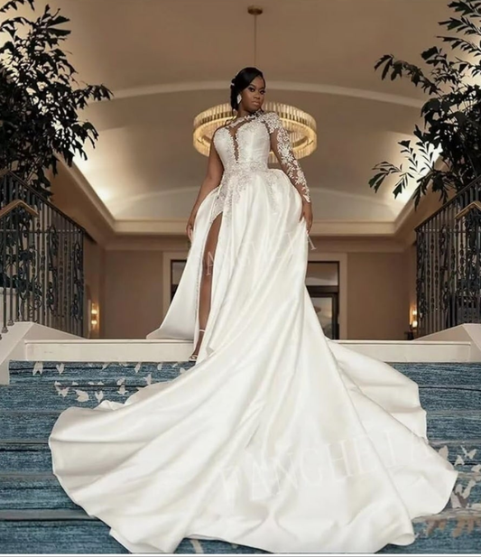 One Shoulder Satin Wedding Dresses Long Sleeve Mermaid Crystals Beaded Bridal Wedding Gowns with Slit