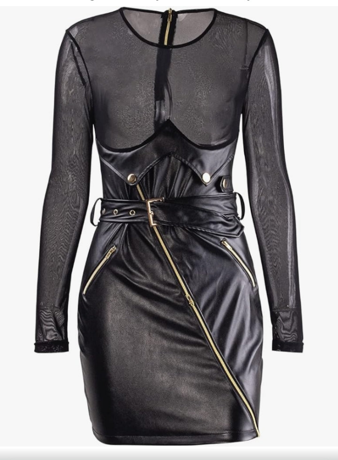 Sexy Faux Leather Mini Dress Sheer Mesh Patchwork Long Sleeve Bodycon Dresses Party Club Outfits
