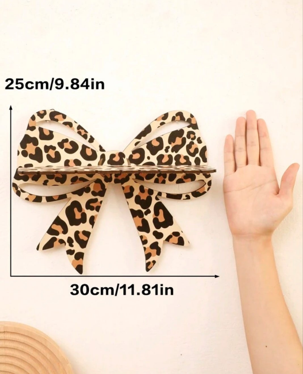 2pc Leopard Bow Wall Shelf – Wooden Crystal Display Stand With Hooks, Decorative Hanging Jewelry Holder For Bedroom, Living Room, Or Vanity, Leopard Print Design,Home Decor ,Room Decor,Wall Decor