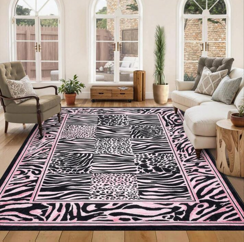 Living Room Rug Washable Soft Leopard Patchwork Print Large Area Rugs For Bedroom Low Pile Non Slip Animal Print Throw Carpet Runner Rug For Hallway Dining Room