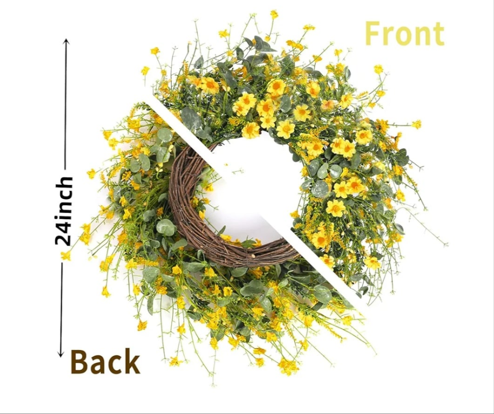 Wreath 24 Inch Spring Summer Wreath Fake Silk Floral Wreath with Green Eucalyptus Leaves and Lavender for Front Door Window Wall Wedding Farmhouse Festival Decor 1 piece