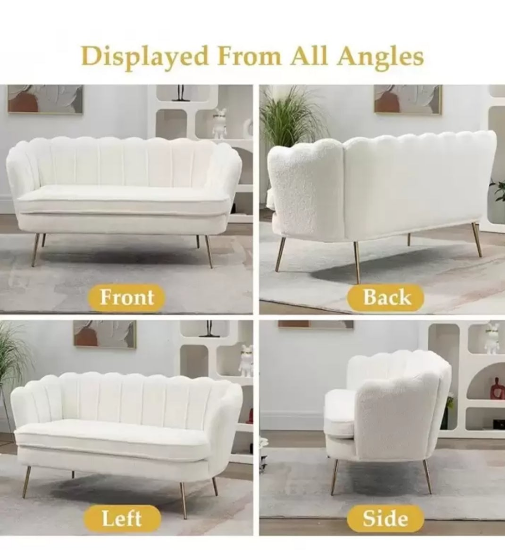 59-Inch Small Modern Chenille Double Sofa, 2-Seat Sofa With Golden Metal Legs, Small Sofa With Flower-Shaped Back, For Living Room Bedroom Office (Beige And Chenille)