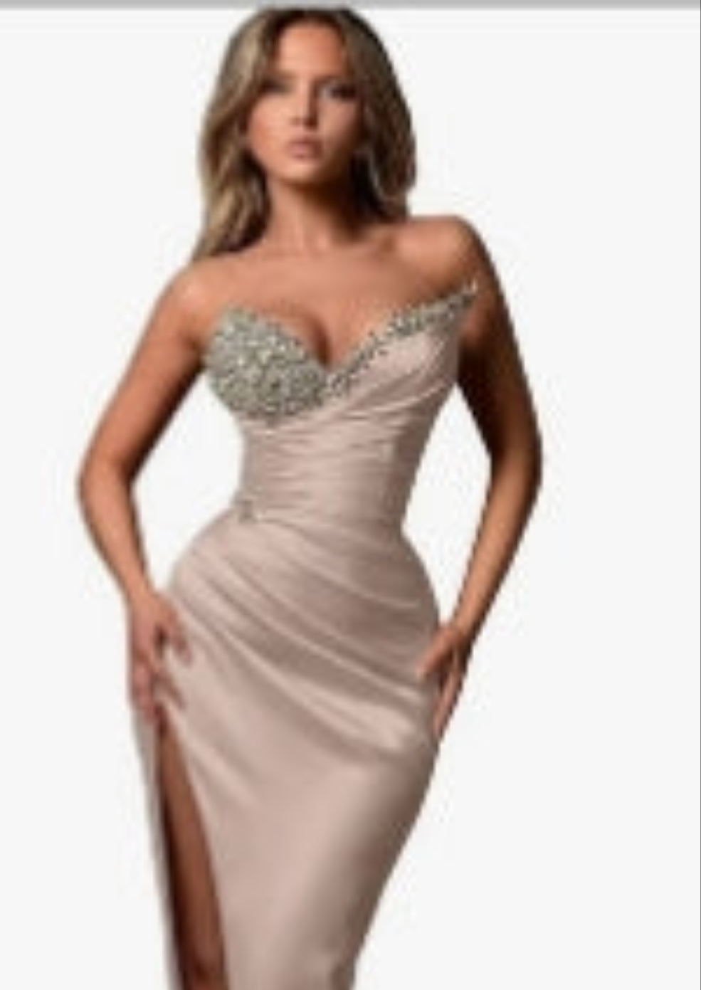 Strapless Beaded Mermaid Wedding Dresses for Women Long Satin Formal Evening Party Gowns with Slit