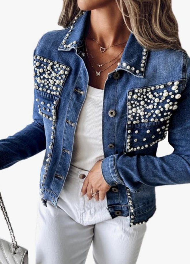 Pearls Denim Jacket Cropped Rhinestones Jean Blazer Coat