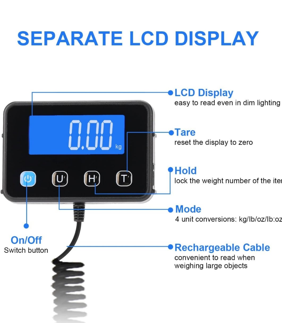 Digital Shipping Scale, 5g High Accuracy 440 lb Postal Scale with Hold and Tare Functions for Parcels/Luggage/Home, Manual/Auto Shutoff, Extended LCD Display, Batteries and AC Adapter Included