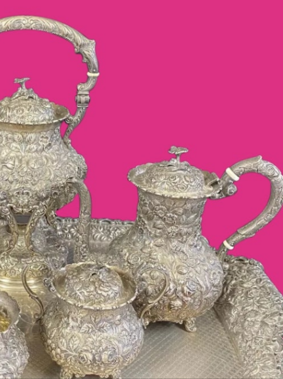 Sterling Silver Repousse Tea Service 7 Piece Set w/Tray A.G. Schultz