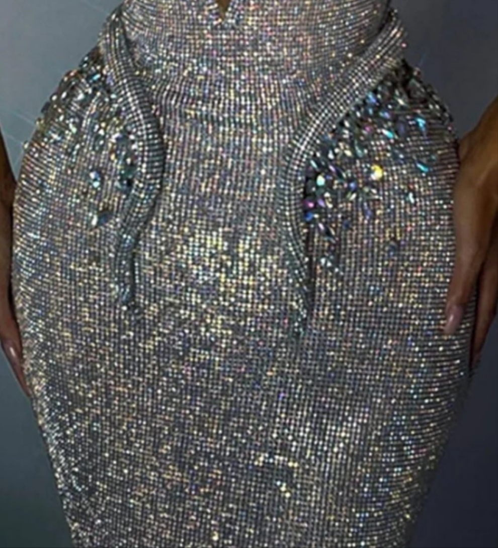 Snake-Shaped Sequin Rhinestone Halter Neck Maxi Dress-Silver COCOMONEY